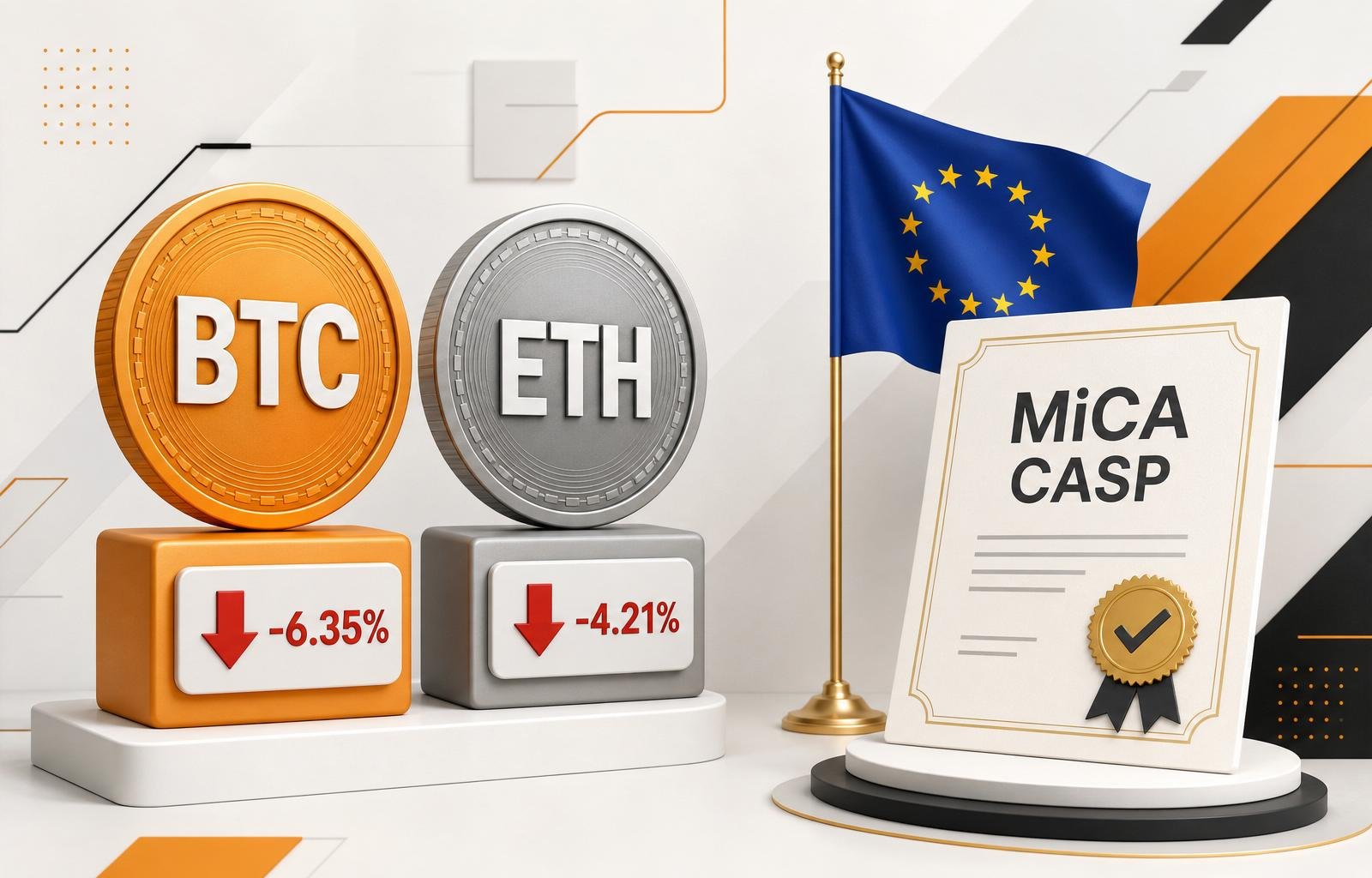 Монети Bitcoin та Ethereum зі стрілками падіння і документ ліцензії MiCA CASP на тлі прапора ЄС